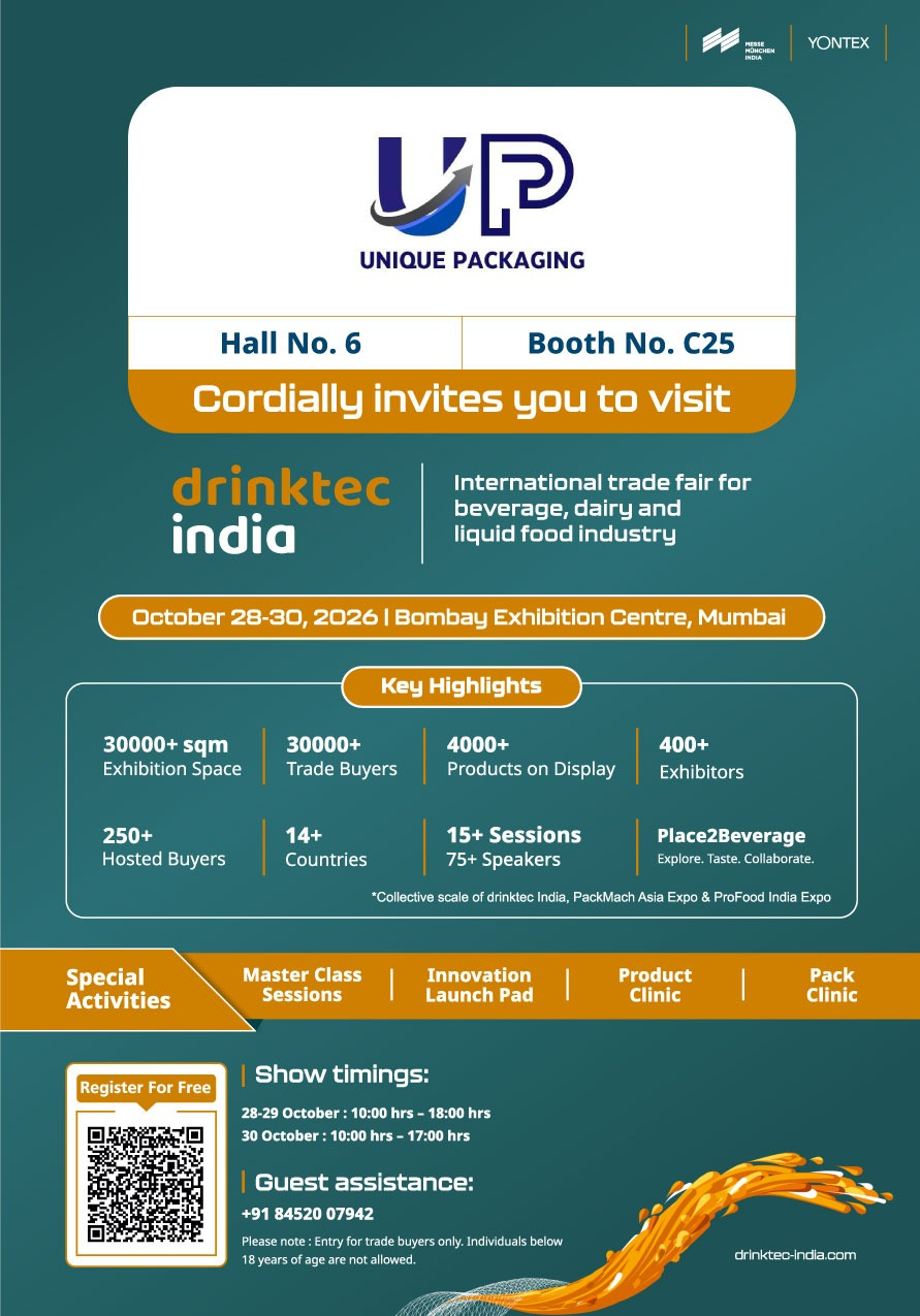 Unique Packaging invitation to Drinktec India 2026, Hall 6 Booth C25, October 28 to 30 at Bombay Exhibition Centre Mumbai
